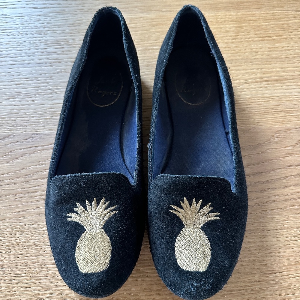 Jack Rogers Gold Pineapple Suede Black Loafers Size 6M